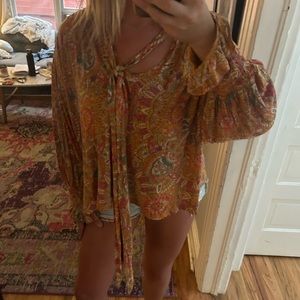 Free People Vista Dreams Gold Paisley Blouse Size XL
